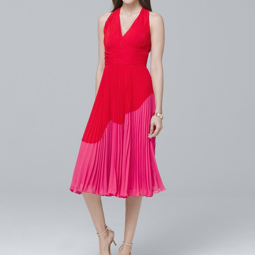 Carmen Marc Valvo Infusion Colorblock Pleated Sleeveless Fit-and-Flare Dress